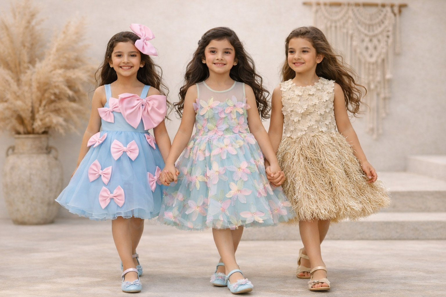 Three young girls in fairytale dresses from Nibblekins holding hands on a staircase.