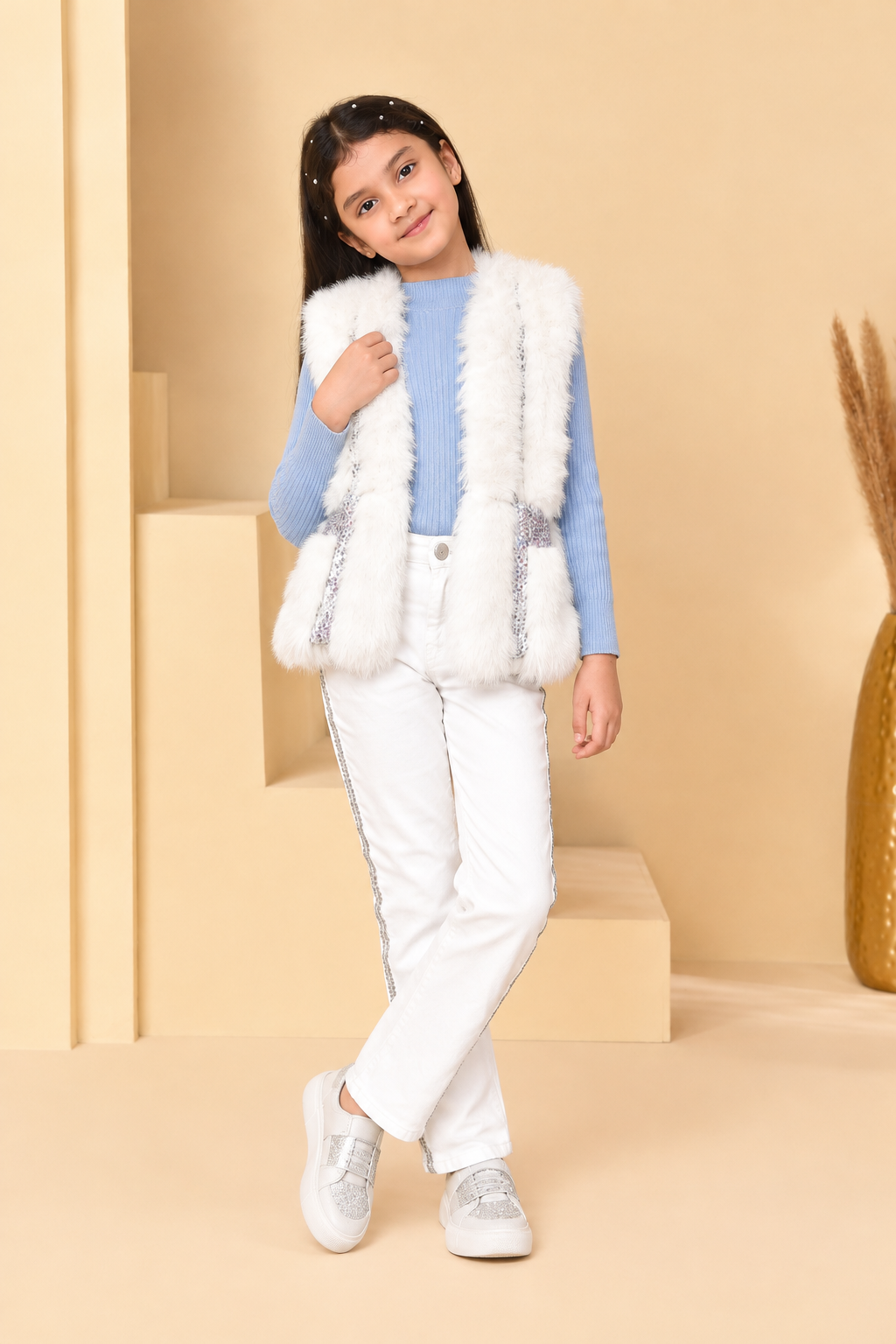 White Faux Fur Sleeveless Party Wear Jacket for Girls | Nibblekins
