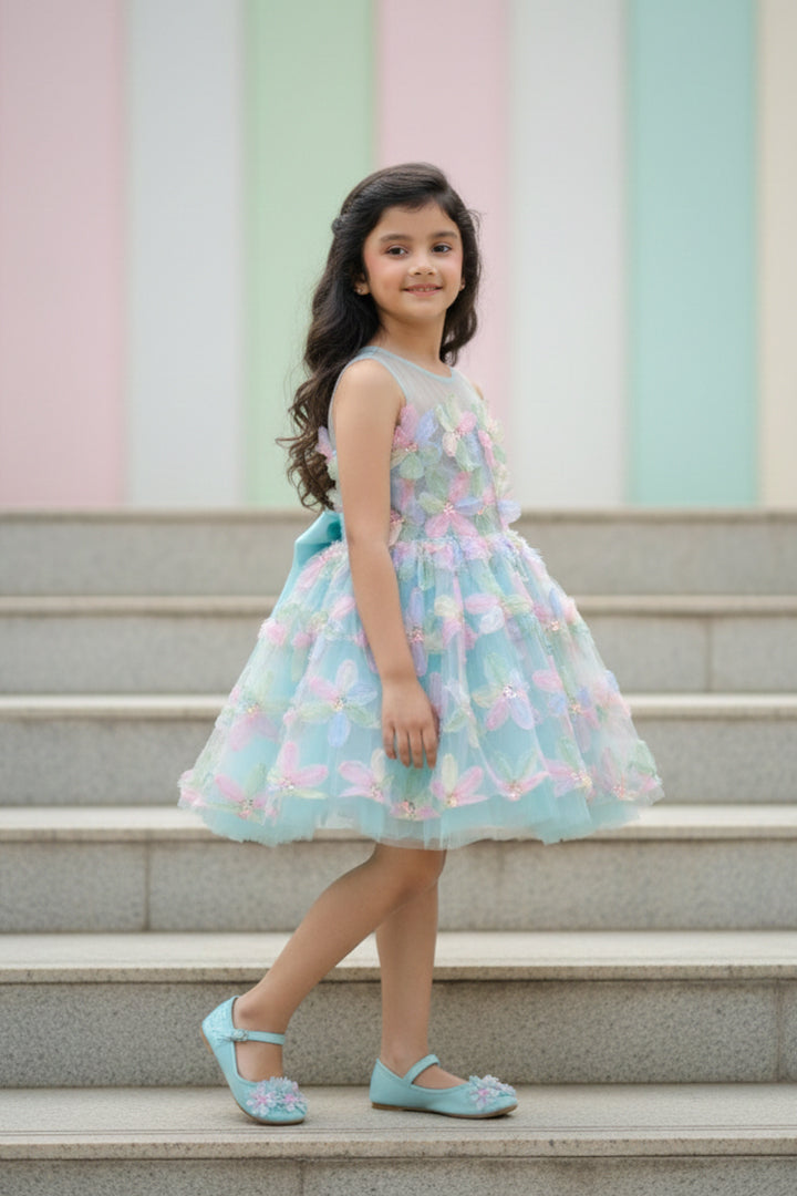 Young girl in a floral dress from Nibblekins standing on steps with a colorful striped wall in the background