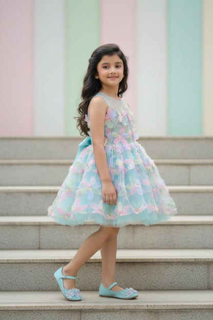 Aqua floral appliqué tulle dress for girls — 3D pink and white florals with oversized back bow — Nibblekins