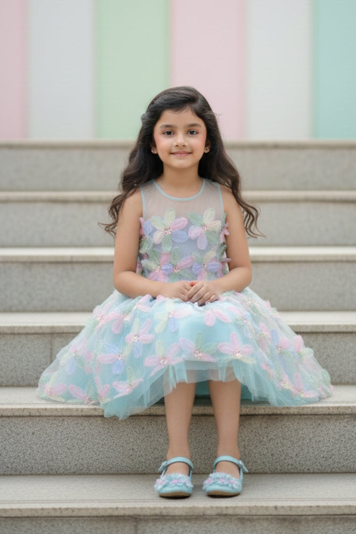 A Young girl in a colorful dress from Nibblekinssitting on steps with a pastel striped background