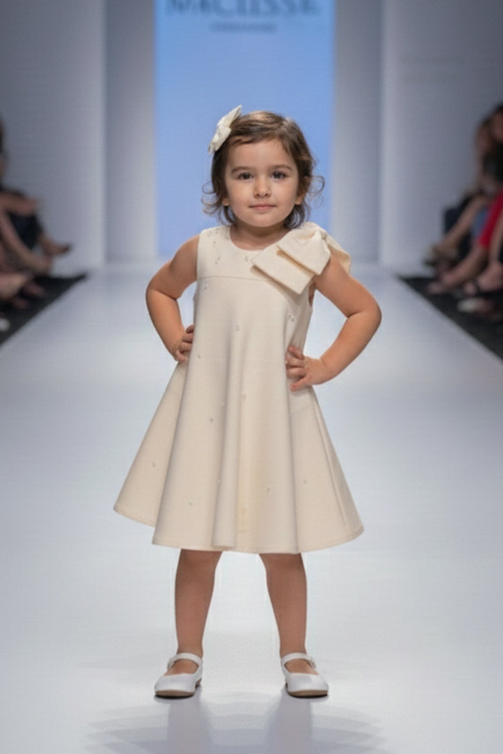 A young girl in a beige dress with a bow from nibblekins on a runway 