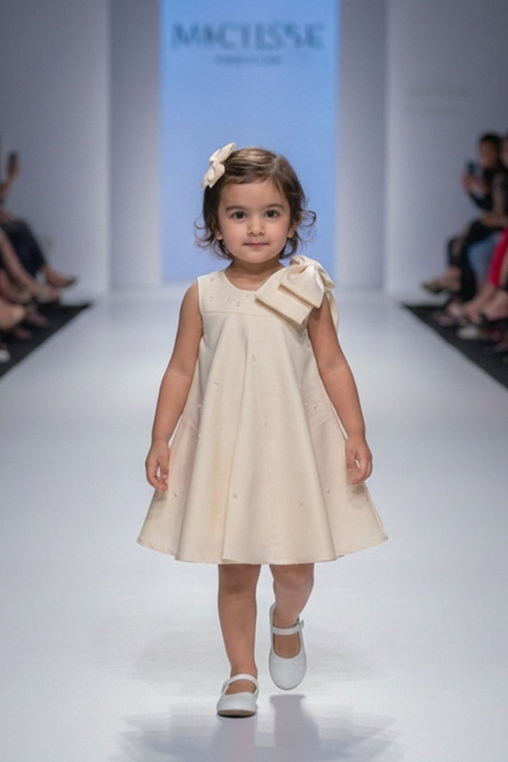 A Young girl in a beige dress from Nibblekins walking on a fashion show runway.