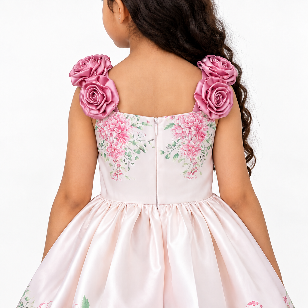 A young girl viewed from behind wearing a light pink satin dress with a floral print, pink rose shoulder embellishments, and a flared skirt.