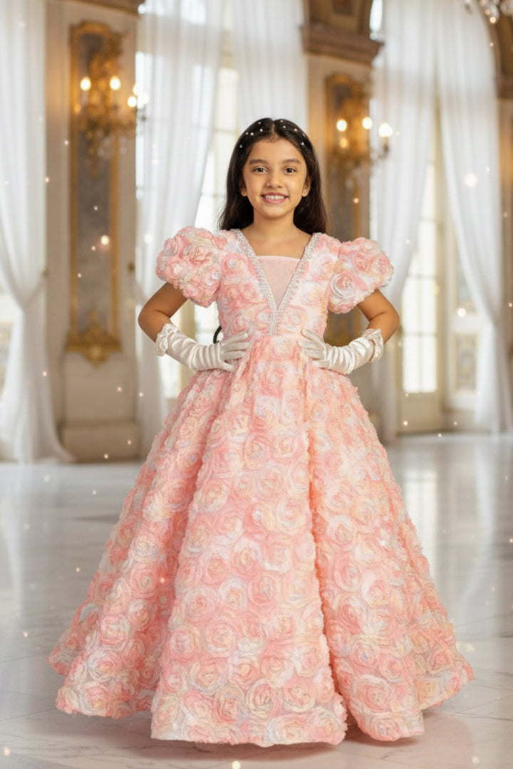A young girl in a pink floral dress from Nibblekins is standing in a decorated room with white curtains.