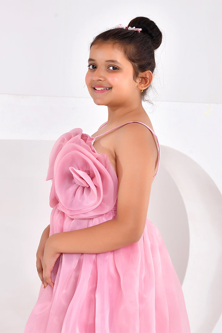 Young girl wearing a pink dress with floral details on a white background