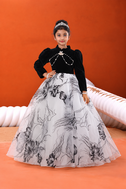Black Velvet & White Floral Print Ball Gown for Girls | Nibblekins