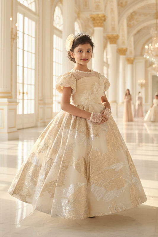 A Young girl in a formal beige royal ball gown from Nibblekins is standing in a grand hall with columns and large windows.