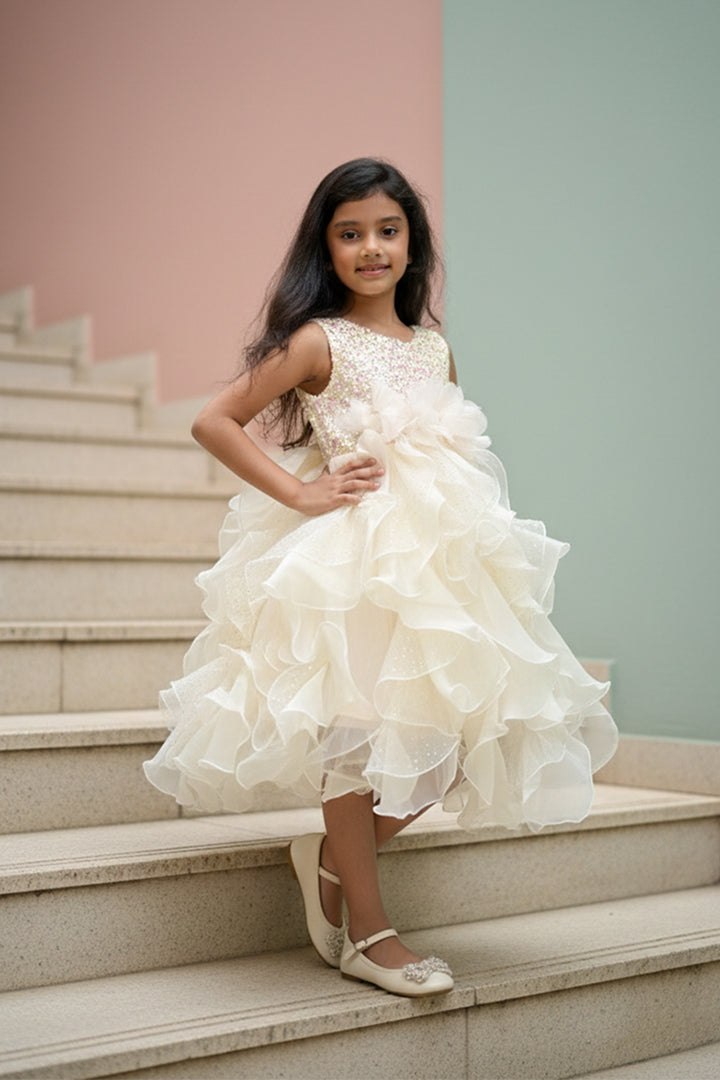 Young girl in a white floral dress from Nibblekins standing on stone steps with a pink and gray wall background