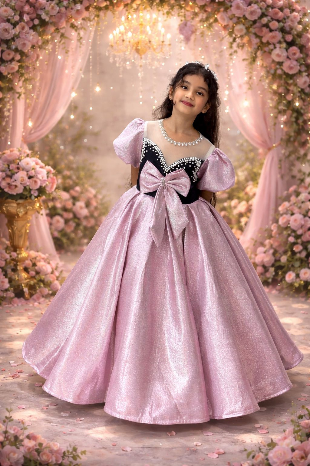 A Young girl in a pink and black gown from Nibblekins is standing in a decorated floral setting
