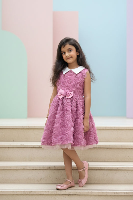 Young girl in a pink dress from Nibblekins standing on steps with a colorful striped wall in the background