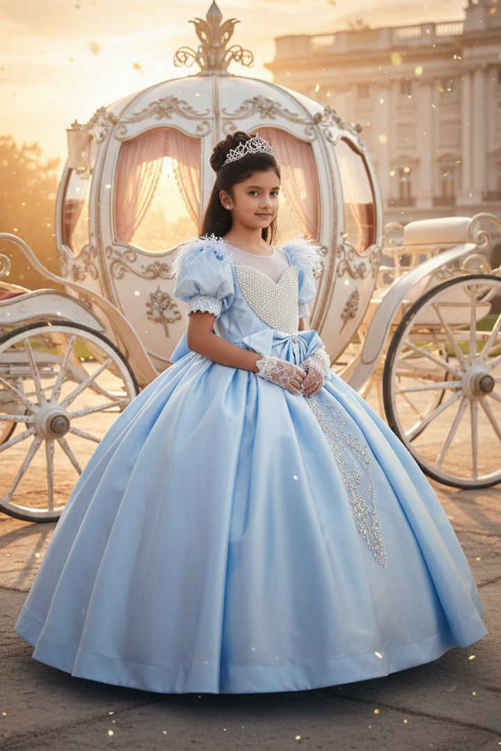 A Young girl in a Cinderella gown from Nibblekins is standing in front of a white carriage.
