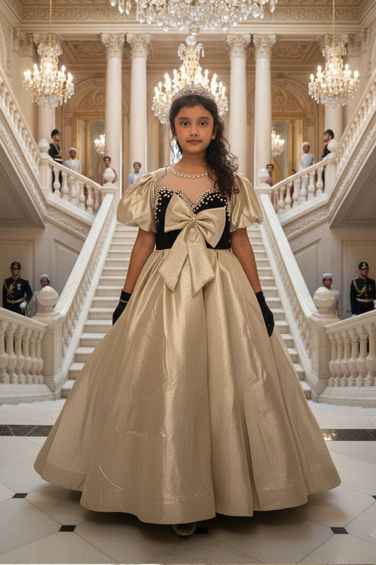  A young girl in a princess golden and black gown from Nibblekins is standing in an elegant interior setting with chandeliers.