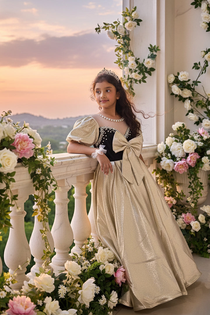A young girl in a golden and black princess gown from Nibblekins is standing on a balcony decorated with flowers and greenery.