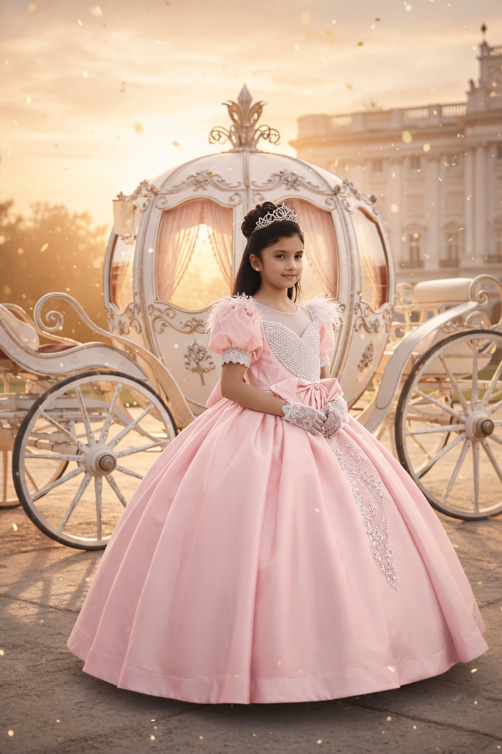 A Young girl in a pink royal gown from Nibblekins is standing in front of a fairy tale carriage.
