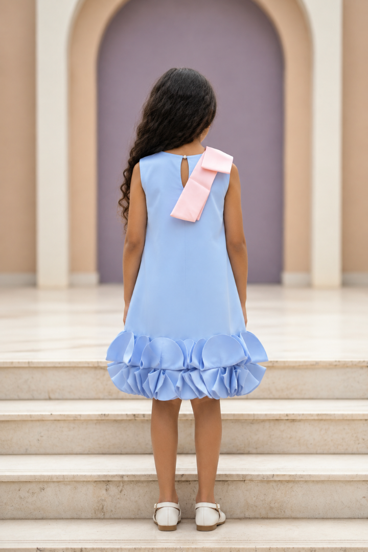 A young girl viewed from behind wearing a sleeveless light blue dress with a large pink bow on the back and a ruffled hem, standing on stone steps in front of an arched doorway.