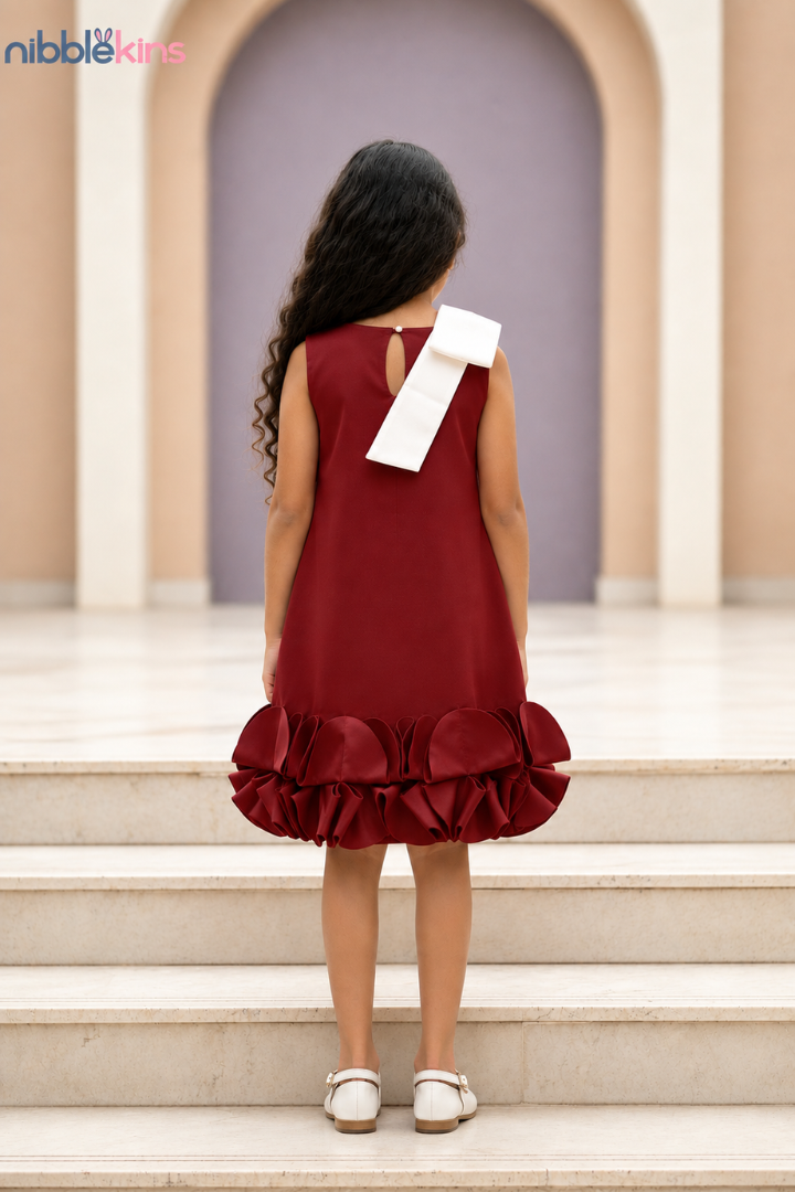 A young girl viewed from behind wearing a sleeveless burgundy dress with a wide white ribbon detail across the upper back, standing on stone steps in front of an arched doorway.