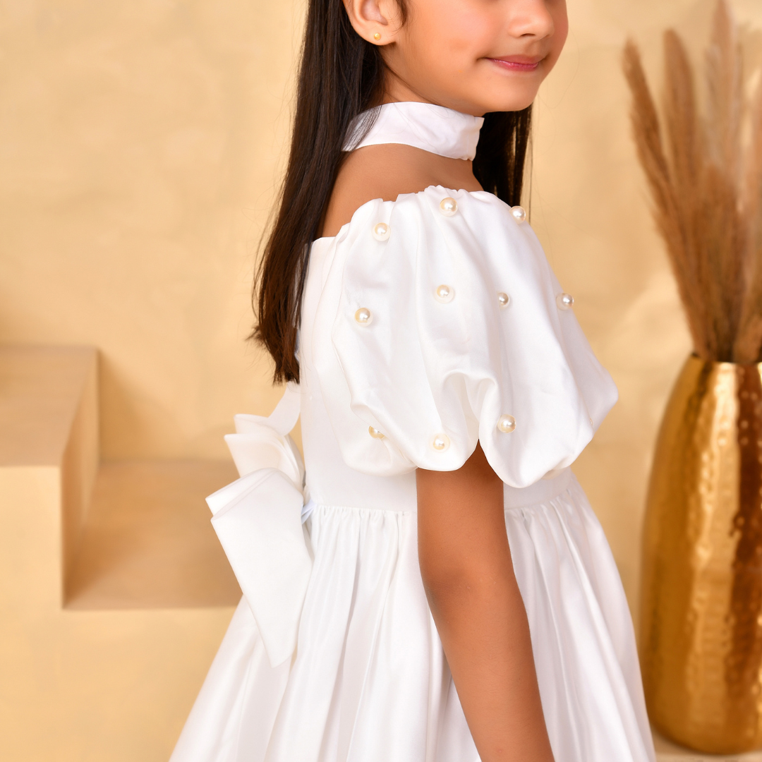 Pearl White Puff Sleeve Party Dress for Girls | Nibblekins