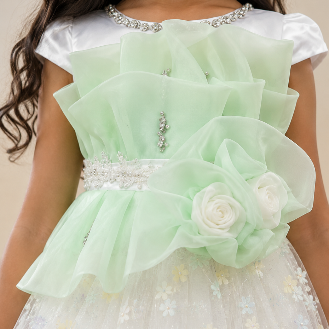 Green Party Dress for Girls - 3D Ruffle A-Line Dress | Nibblekins