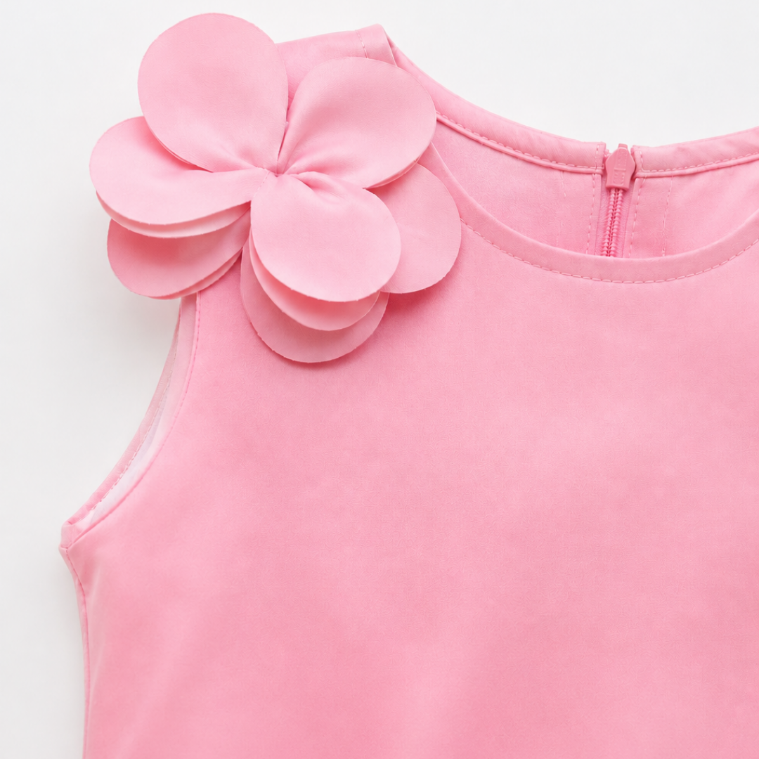Close-up of a pink sleeveless garment with a large layered fabric flower applique on the shoulder, shown against a plain light background.