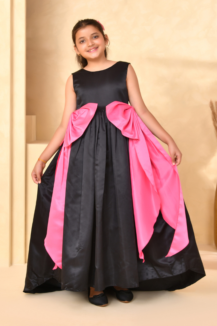 Black & Pink Bow Party Gown for Girls — Full Length | Nibblekins