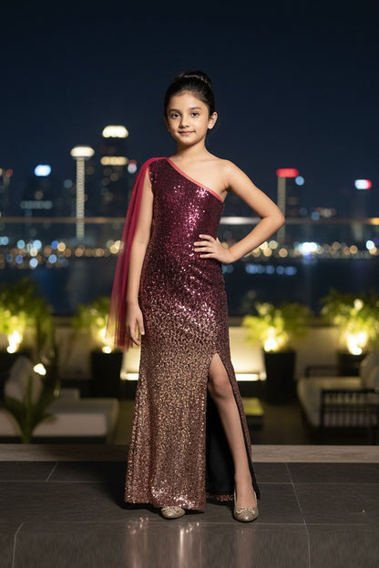Woman in a glamorous dress posing on a rooftop at night with city lights in the background
