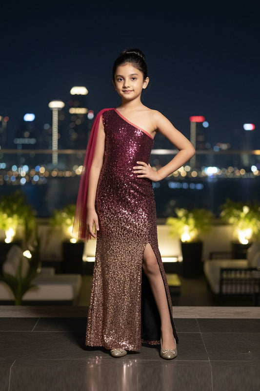 Woman in a glamorous dress posing on a rooftop at night with city lights in the background