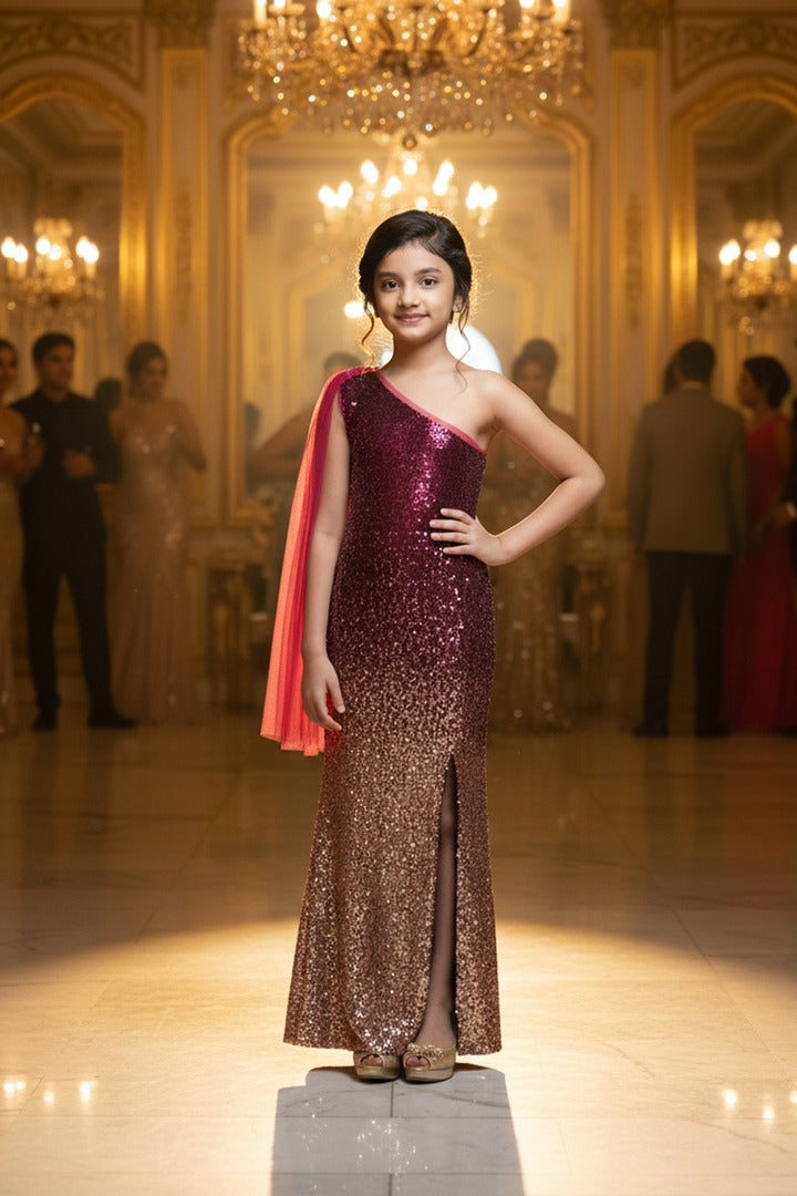 Sequin One-Shoulder Cape Slit Bodycone Dress