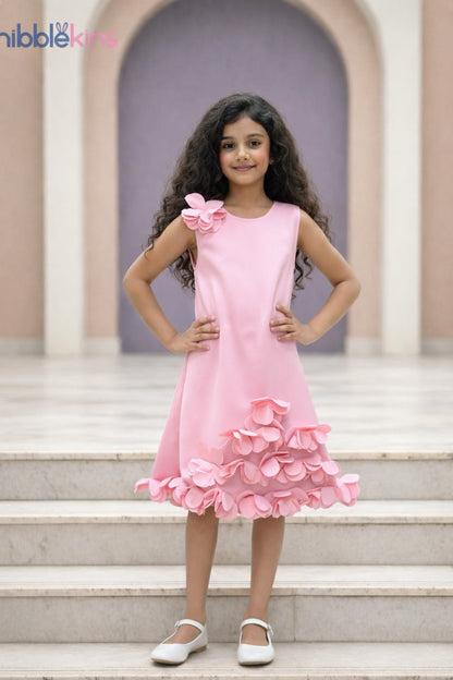 Blush pink 3D floral petal dress for girls — sculptural petal shoulder appliqué and cascade petal hem — Nibblekins