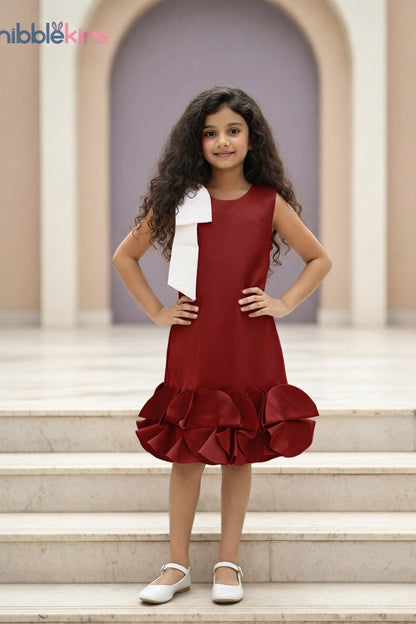 Young girl in a red dress standing on steps with a blurred background