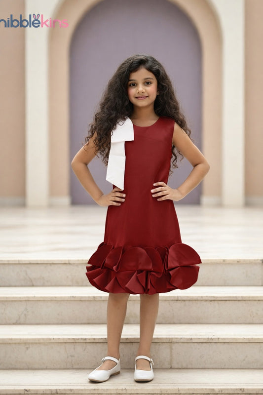 Young girl in a red dress standing on steps with a blurred background