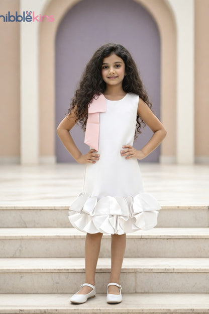 White party dress for girls — A-line ruffle hem with bow shoulder straps — Nibblekins