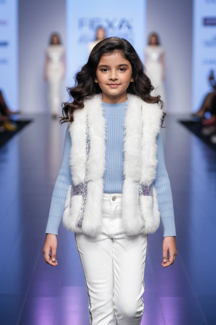 A young model walking on a fashion show runway wearing a light blue outfit with a white fur jacket from Nibblekins.