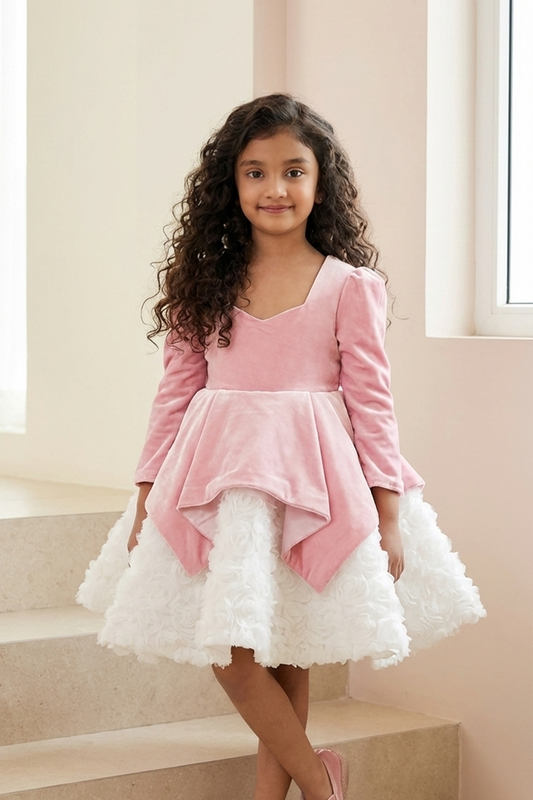 A young girl wearing a pink and white ruffled skirt dress from Nibblkins is standing on the stairs.