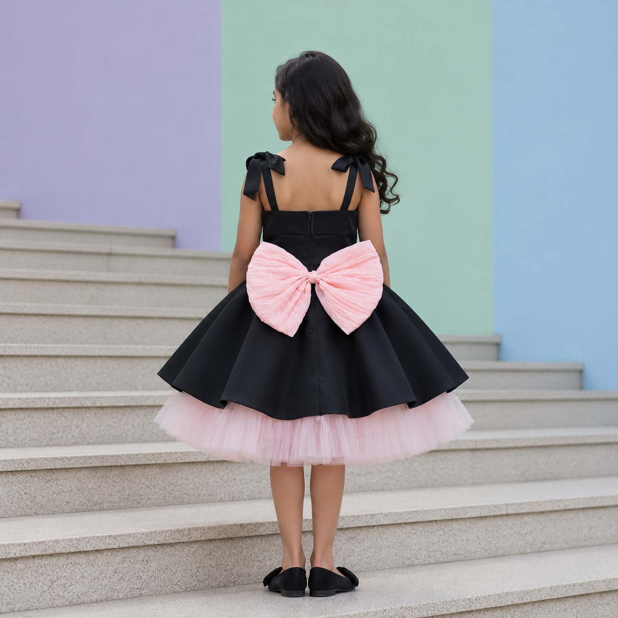 Designer birthday dress for girls — black A-line gown with 3D pink flower appliqué and bow straps — Nibblekins