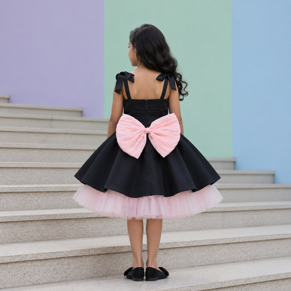 Designer birthday dress for girls — black A-line gown with 3D pink flower appliqué and bow straps — Nibblekins