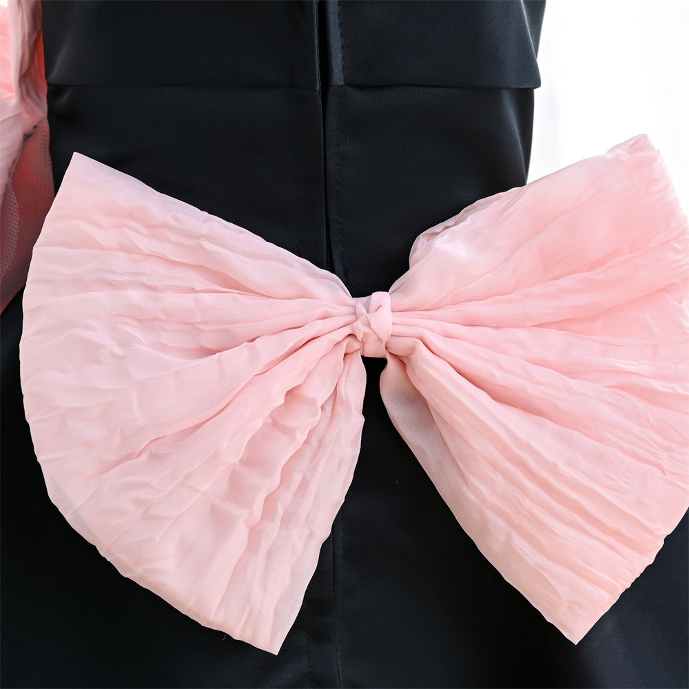 Designer birthday dress for girls — black A-line gown with 3D pink flower appliqué and bow straps — Nibblekins