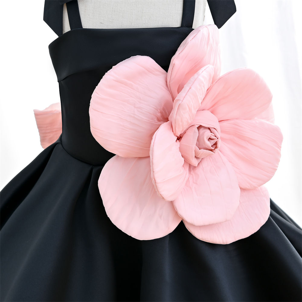 Designer birthday dress for girls — black A-line gown with 3D pink flower appliqué and bow straps — Nibblekins