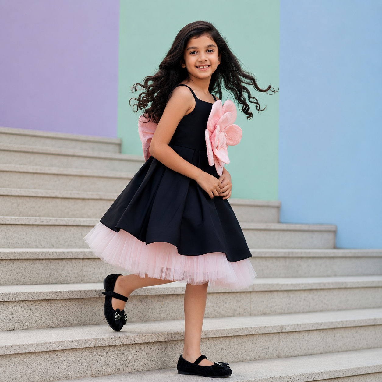 Designer birthday dress for girls — black A-line gown with 3D pink flower appliqué and bow straps — Nibblekins