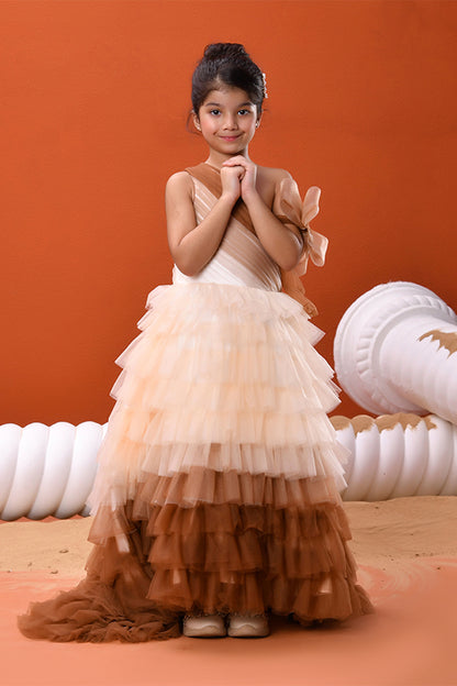 Brown Celeste layered ruffle party gown for girls — one-shoulder cascading tulle with floral embellishment — Nibblekins