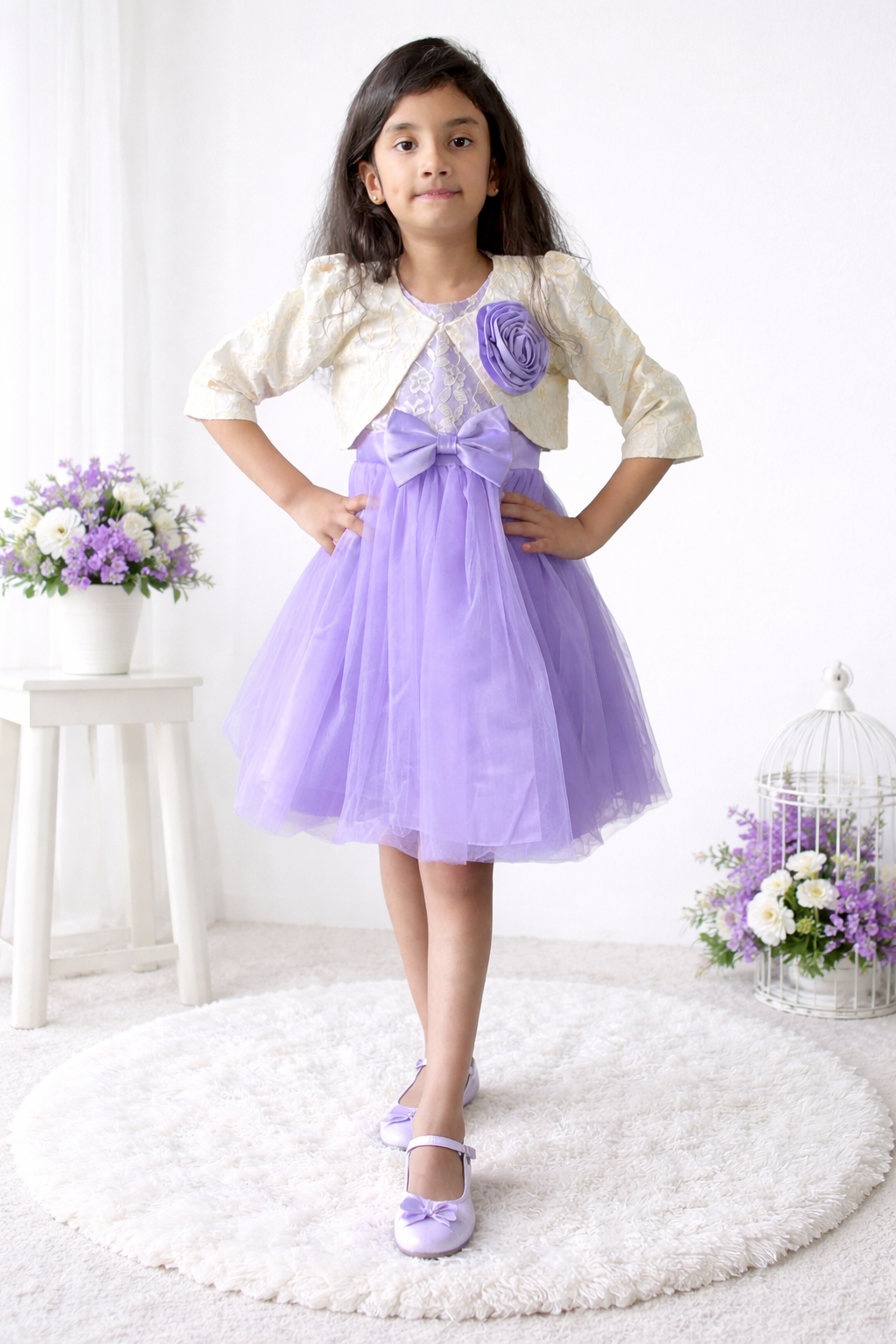 A young girl modeling a lavender purple tulle dress with a matching lavender bow and a cream-colored short-sleeve jacket, standing on a white shag rug in a bright, white-themed room.