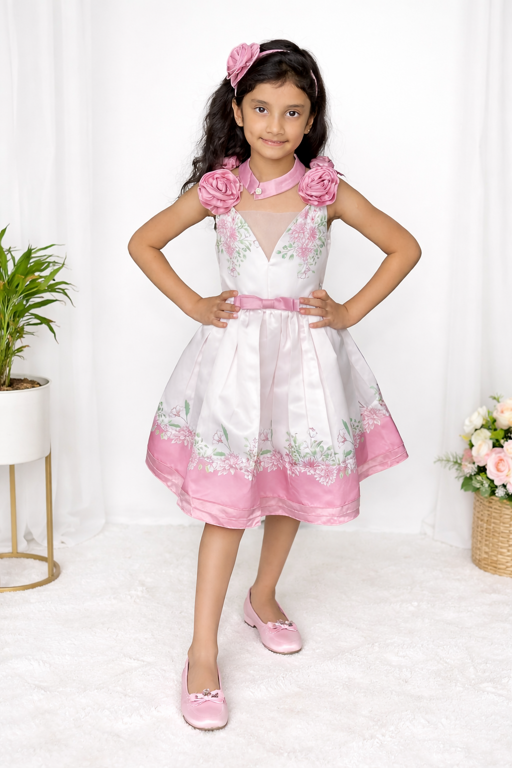 White Pink Floral Party Dress for Girls — Rose Shoulders | Nibblekins