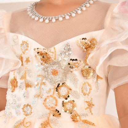 Close-up of a young girl wearing an princess dress with floral embroidery and a pearl neck detailing. 