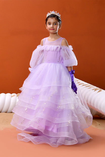 Lavender princess layered tulle gown for girls — cold-shoulder design with shimmer accents and full skirt — Nibblekins