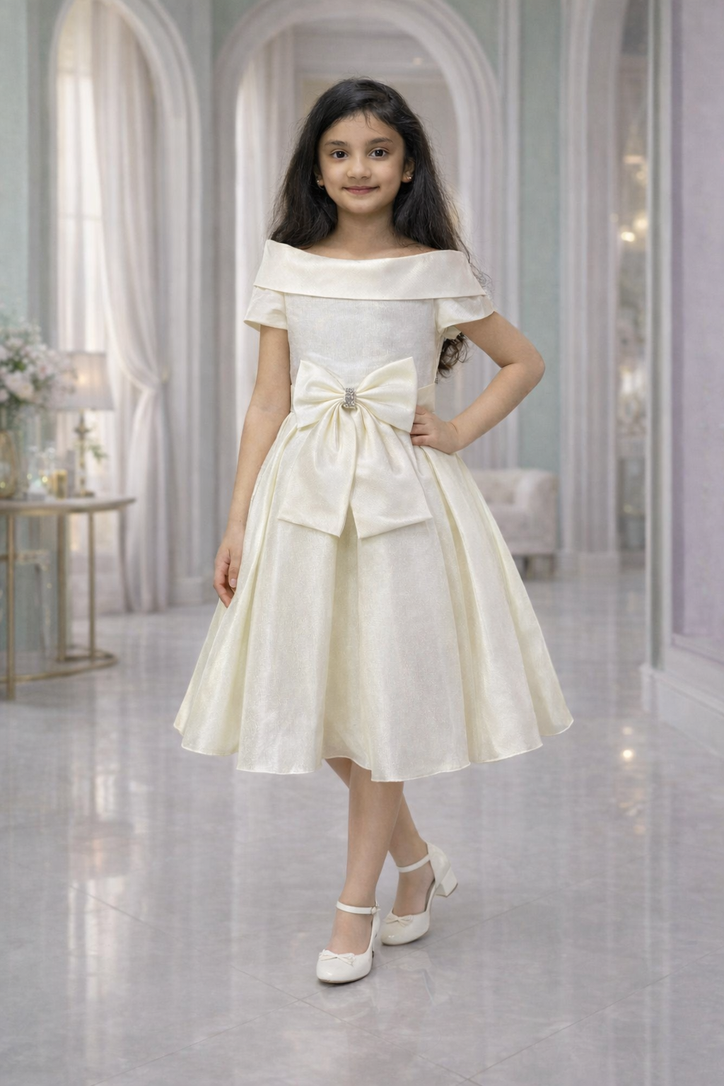 Young girl in a off white dress from Nibblekins with a bow, standing in an elegant interior setting.