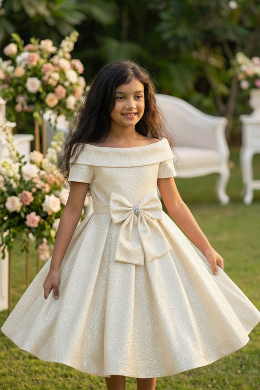 Young girl in a white dress with a bow standing outdoors with floral decorations.