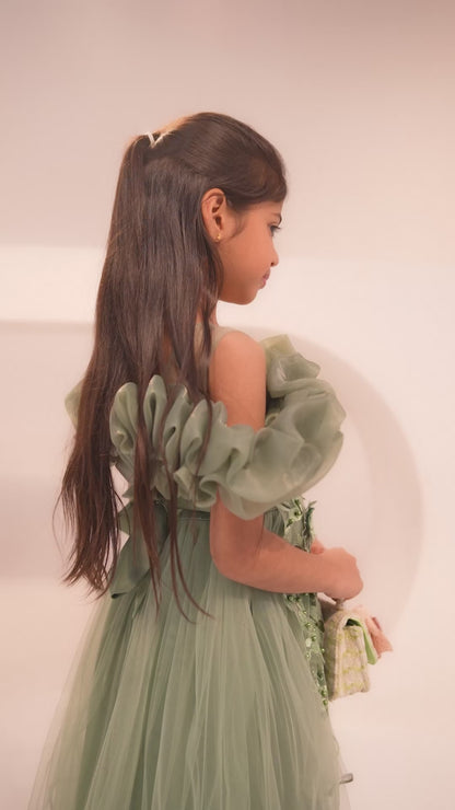 Sage Green Tulle High-Low Dress for Girls — Floral Vine | Nibblekins