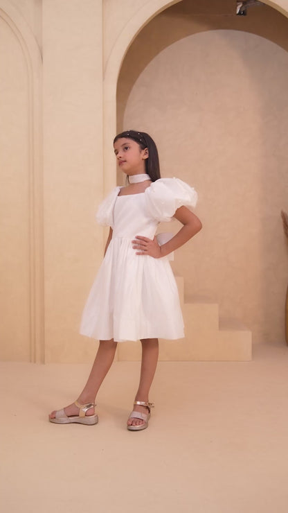 Pearl White Puff Sleeve Party Dress for Girls | Nibblekins
