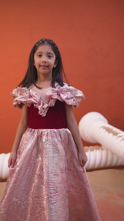 Maroon Velvet & Rose Gold Ball Gown for Girls | Nibblekins