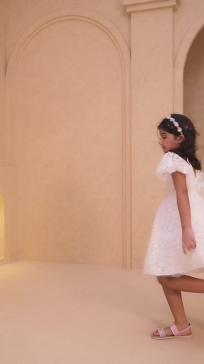 White Floral Embroidered Frock for Girls — Puff Sleeve | Nibblekins